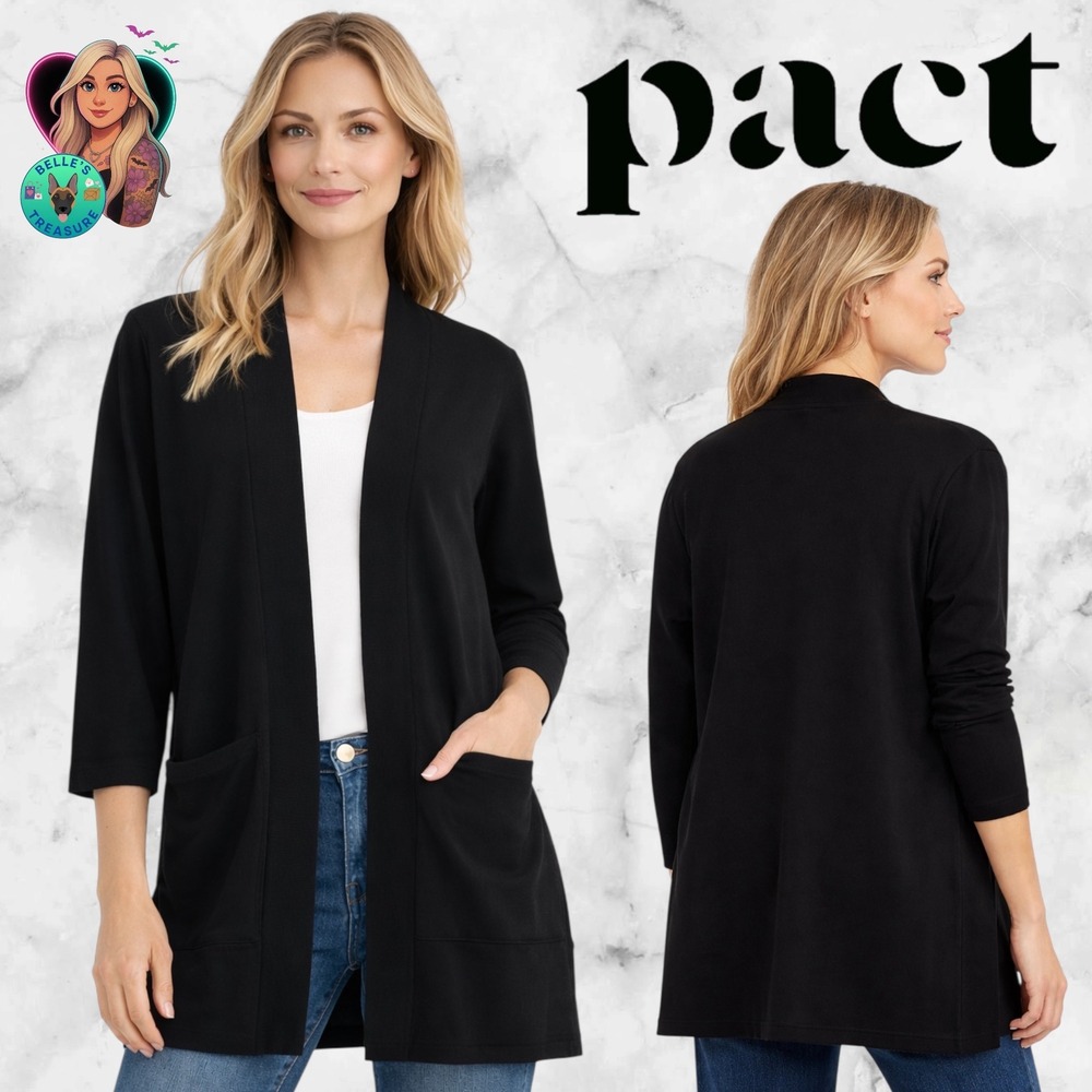 Pact Sweater Womens M/L Black Airplane Cardigan Open 100% Organic Cotton Pockets